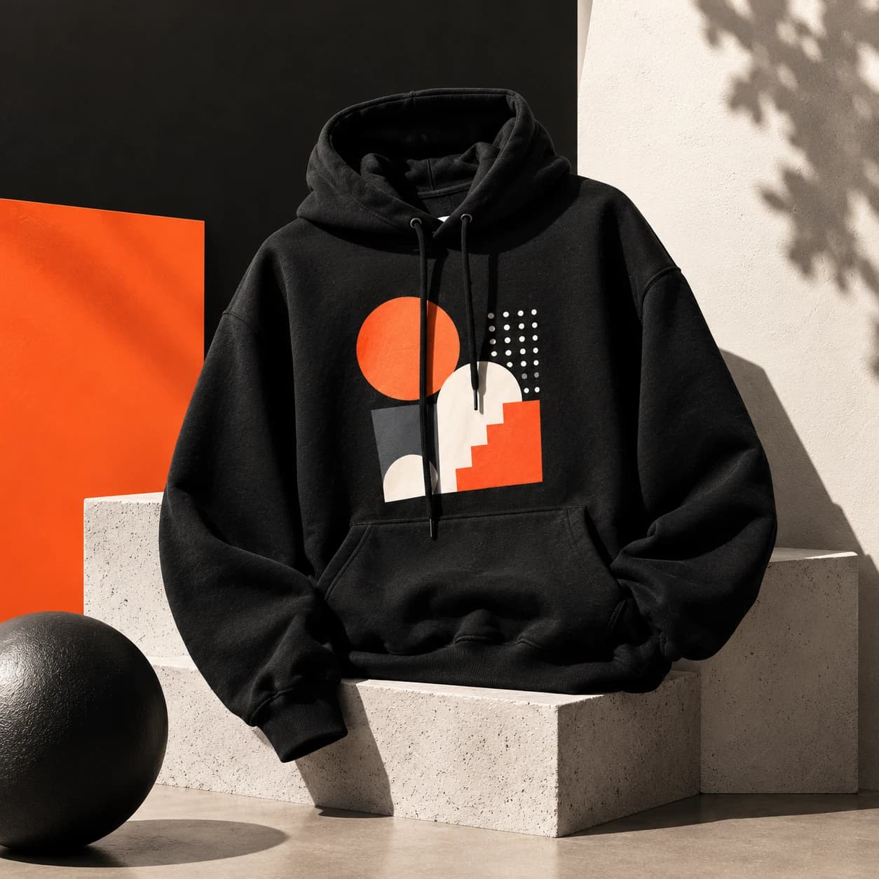 Schwarzer Hoodie mit geometrischem Beispielmotiv