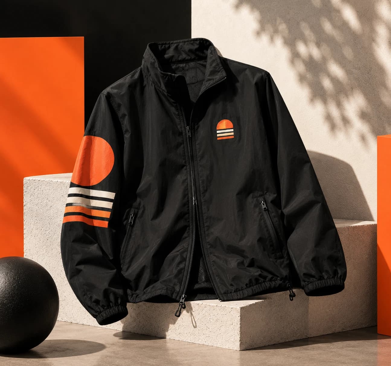 Schwarze Jacke mit Beispielmotiv am Ärmel