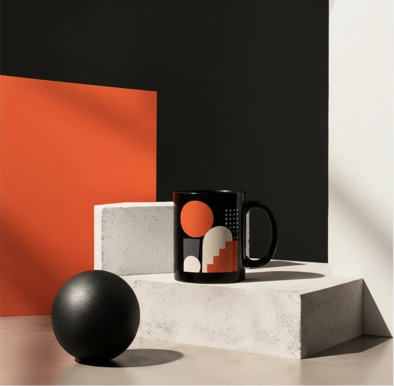 Schwarze Tasse mit geometrischem Beispielmotiv
