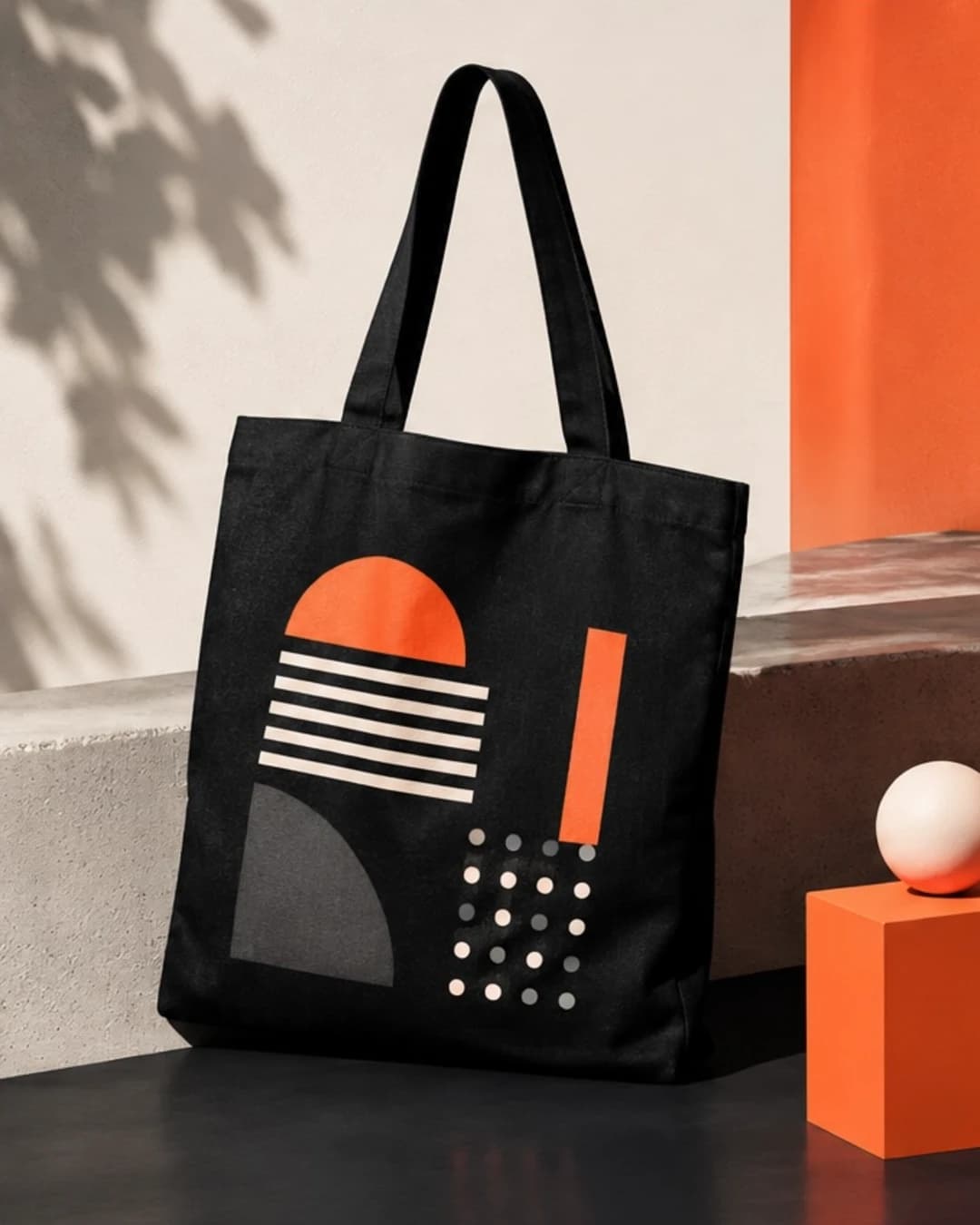 Schwarze Tote Bag mit geometrischem Beispielmotiv